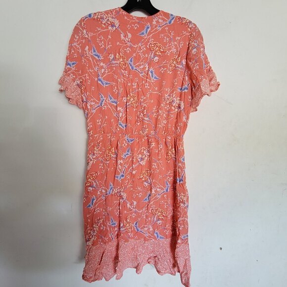 DR2 Coral Pink Floral Faux Wrap Flutter Short Sleeve V Neck Midi Dress Sz Medium - Picture 2 of 12